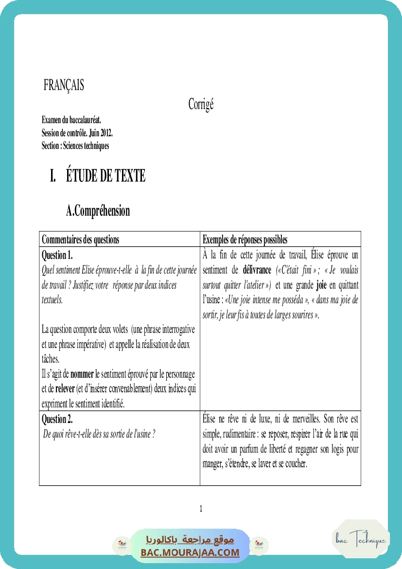 Corrigé controle francais Bac 2012 – Section technique